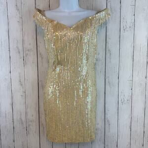 VTG Nadine Cream Iridescent Sequin Fringed Off-the-Shoulder Cocktail Dress Small
